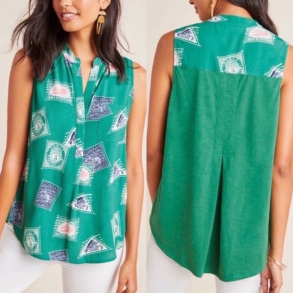 Anthropologie Porridge Getaway Stamp Green Blouse Sleeveless XS